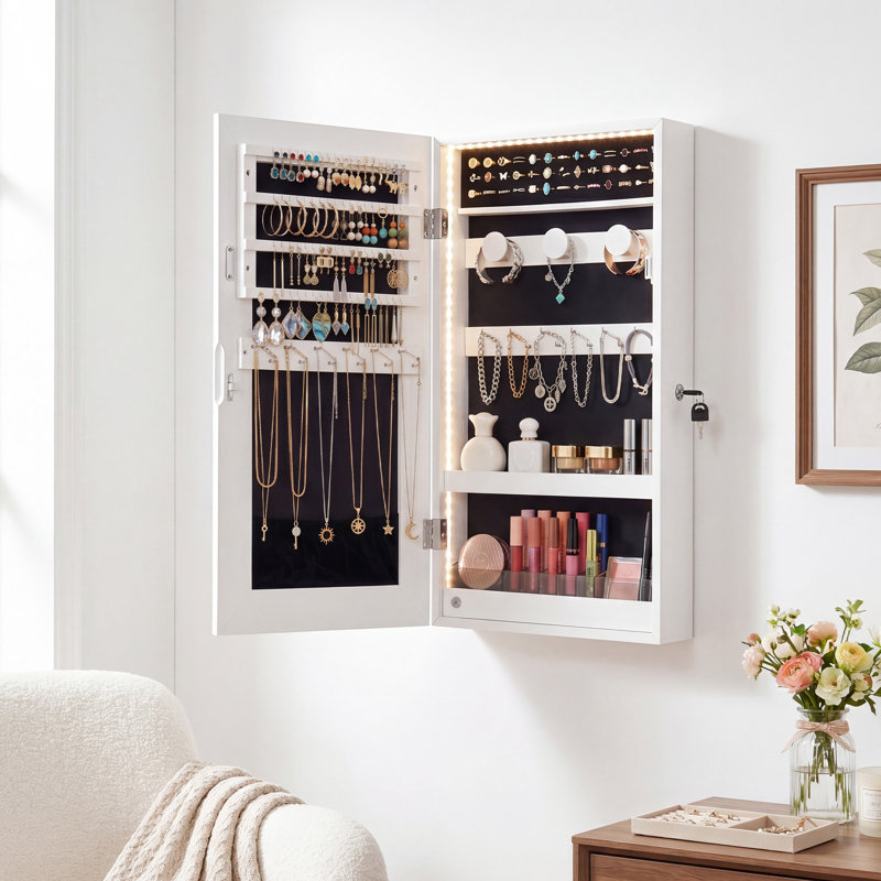 Armoire à bijoux avec miroir à suspendre, Blanc