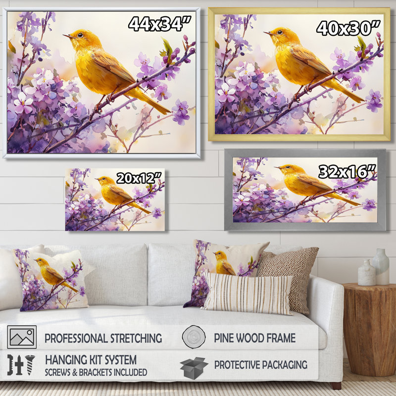 Art mural, oiseau chanteur dans le jardin II, Argent argent, Cadre simple, H 12 po x l 20 po