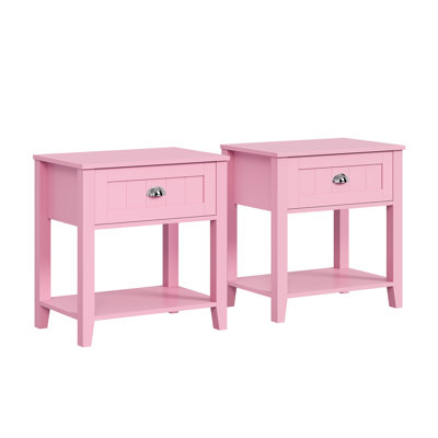 Set Of 2 Nightstands With Drawer & Open Shelf, Shaker Bedside Tables With Silver Cup Pulls & Non-Slip Feet, Pastel Pink & Blue End Tables