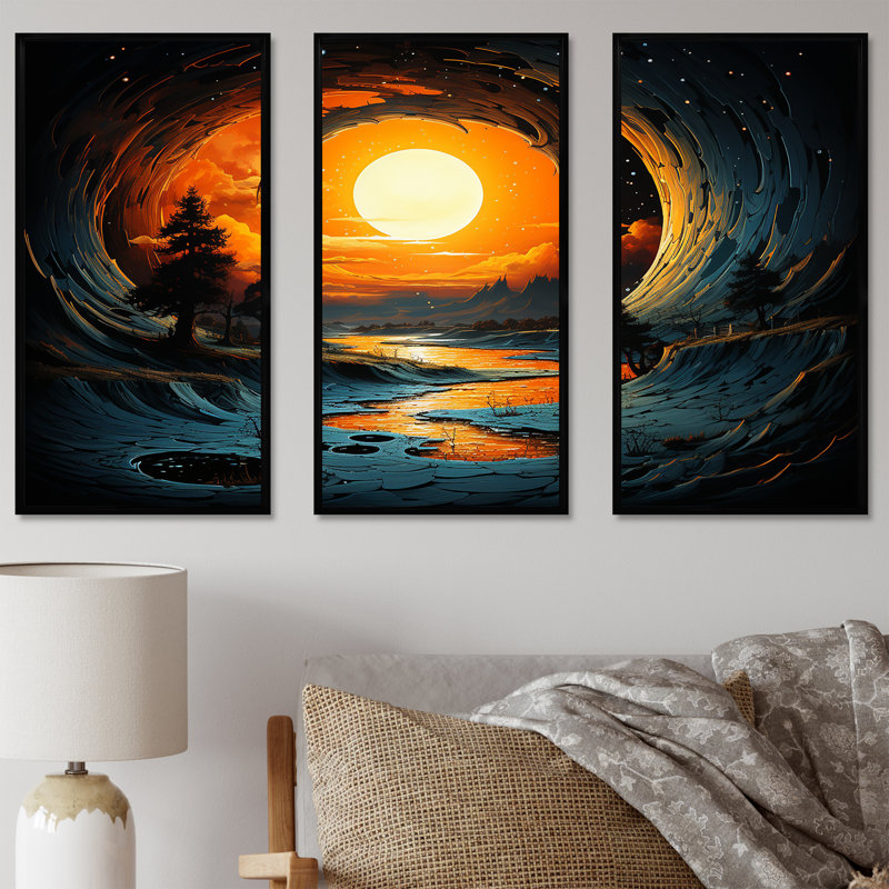 Coucher de soleil sur les vagues - plage, art mural, H 28 po x l 36 po, Cadre flottant noir