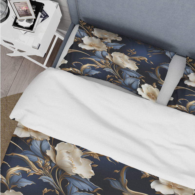 Ensemble de housse de couette à motifs dorés bleu cobalt victorien III, Housse de couette simple + 1 taie décorative stan