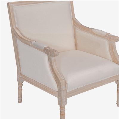 French Accent Chair Traditional Wood Frame Linen Upholstery Distressed Finish Home Decor, Single