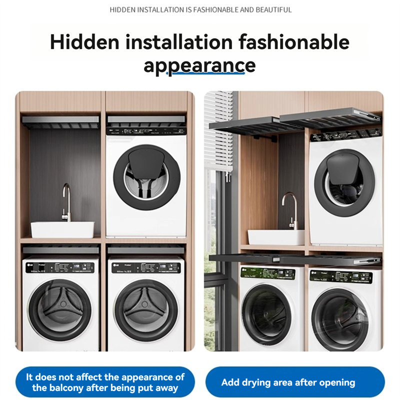 Above-Dryer Retractable Laundry Rack - Hidden Pull-Out Garment System, 1.77" H x 26" W  x 21.25" D