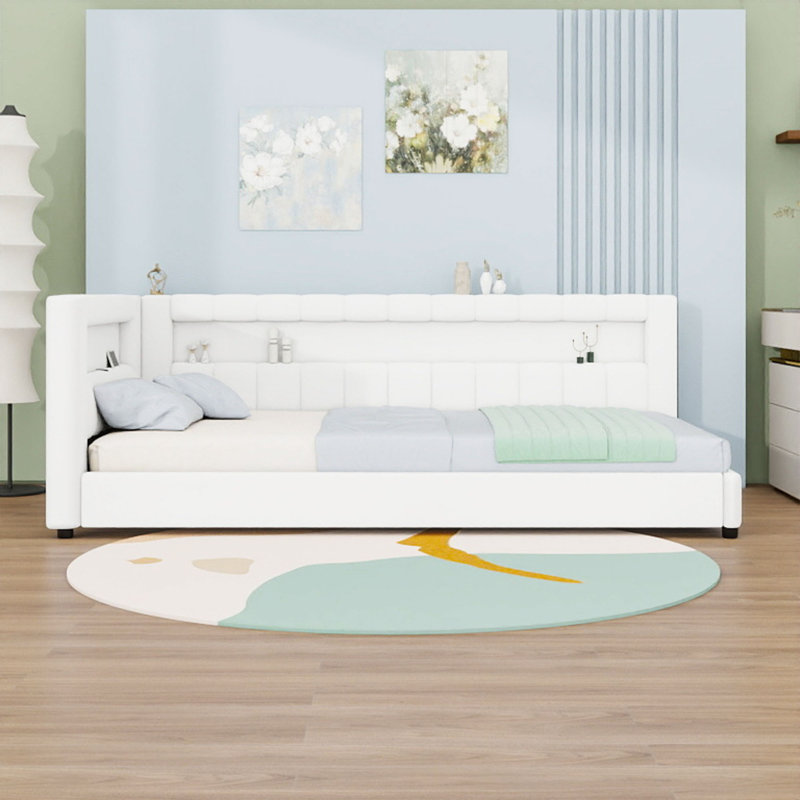 Upholstered Daybed with USB Ports, LED Light and Slats, White, Extra-Long Twin