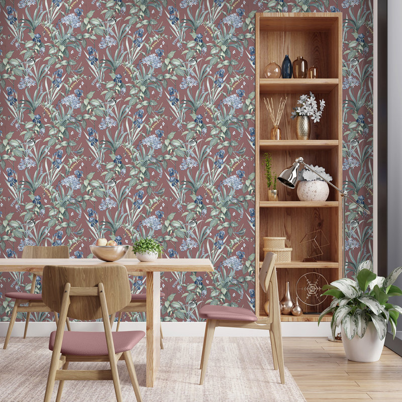 Papier peint botanique Mint Birds and Dragonflies, Rouge