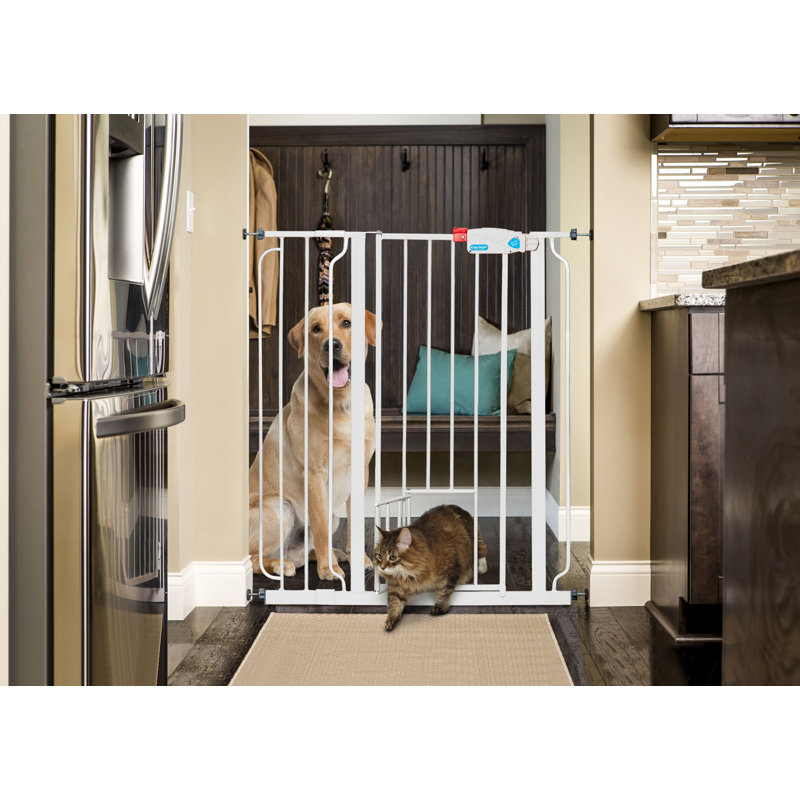 Extra Tall White Metal Pet Gate with Small Door