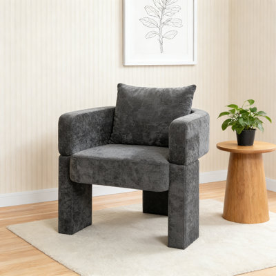 Modern 3-Leg Chenille Accent Chair with Ergonomic Arms & Removable Pillow, Plush Small Space Armchair, Single Sofa Chair for Living Room, Bedroom, Din by Latitude Run