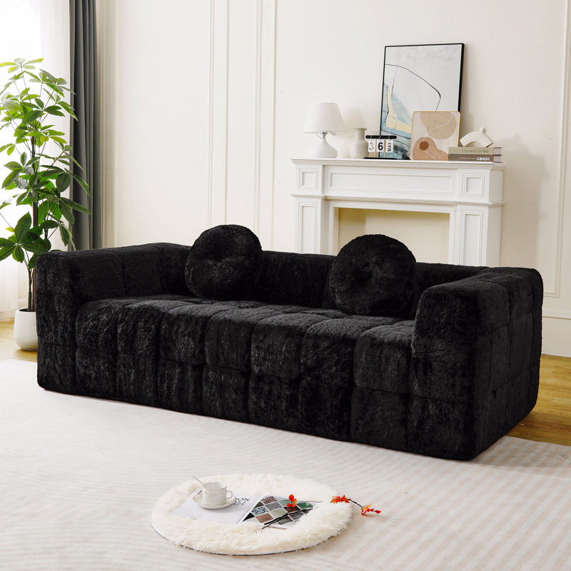 Canapé Boneless, canapé moderne sans os de 84,6 po avec deux coussins décoratifs circulaires, tissu en polyester à poils longs texturé litchi doux pour la peau, canapé en mousse à carreaux à trois places