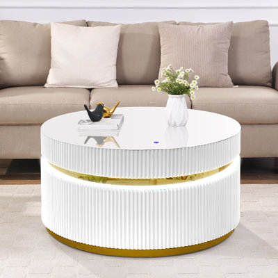 Tavita 39" Round White Coffee Table With Glass Top And LED Lights