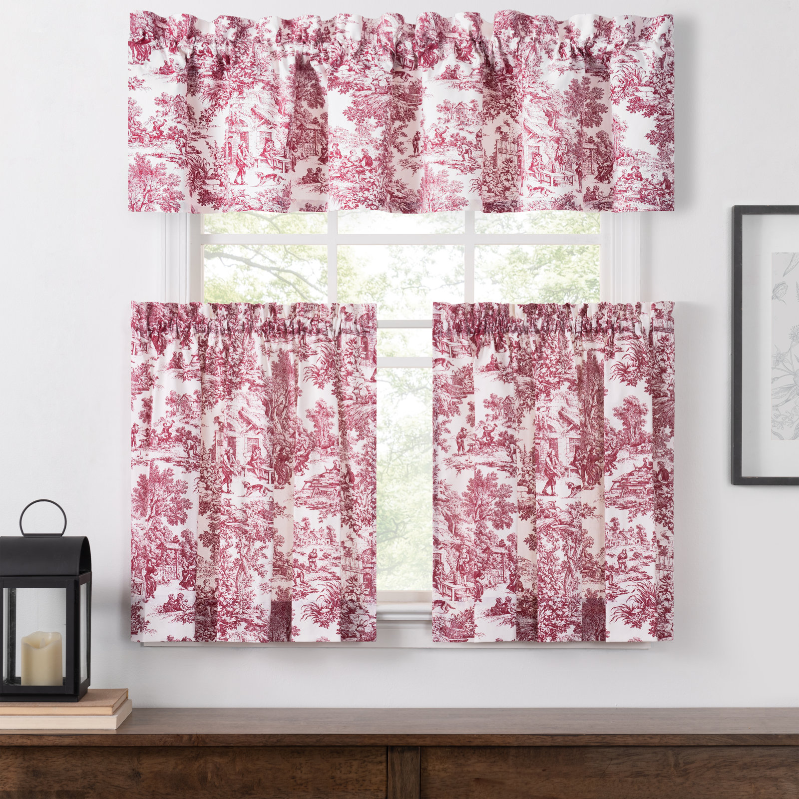 Amelie Toile Cotton Tailored 70" Window Valance, Red