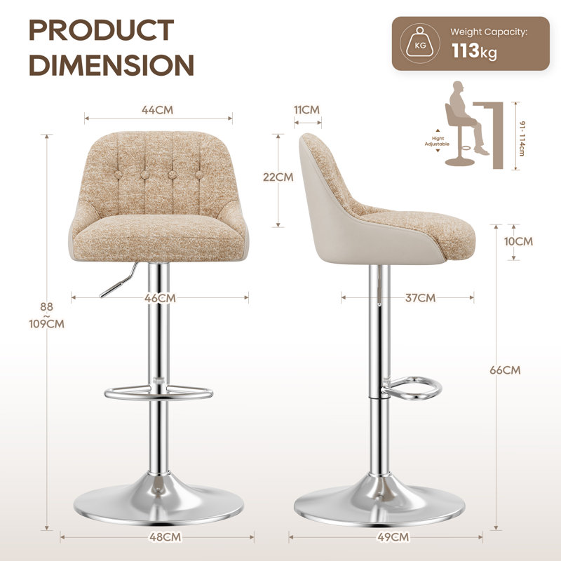 Swivel Upholstered Counter Stool with Metal Frame, Camel