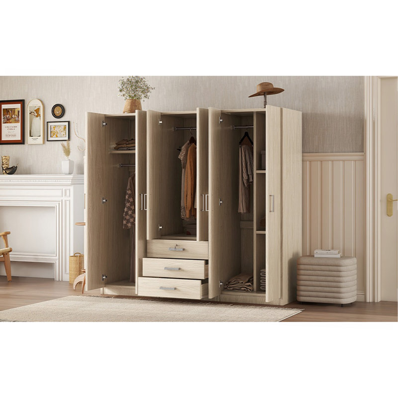 Rangement pour garde-robe en bois à 6 portes avec 6 grands tiroirs, naturel