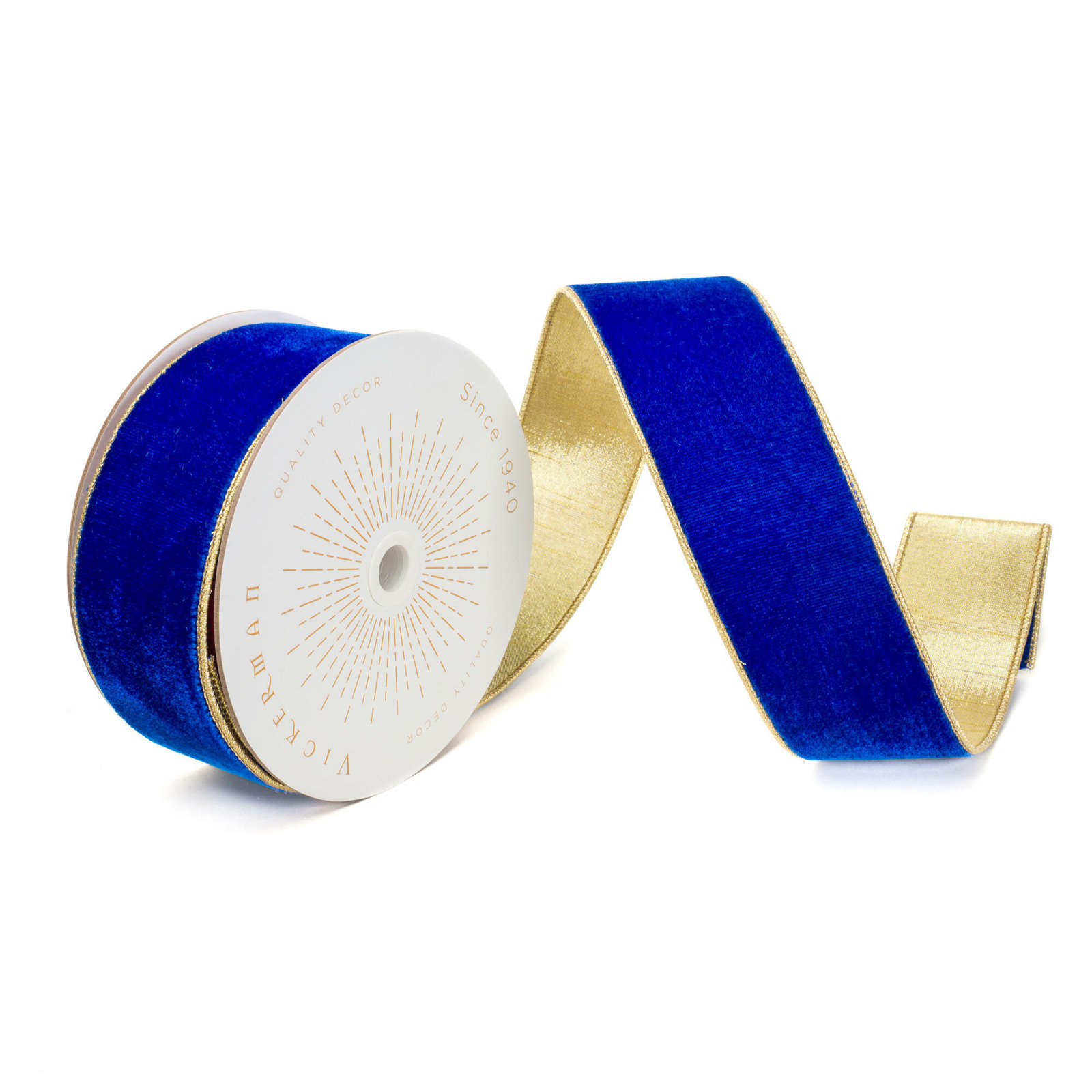 Vickerman 10 Yds Velvet with Gold Trim/Backing Ribbon., Royal Blue, 0.2" H x 360" W x 2.5" D