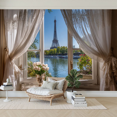 Peel and Stick Wallpaper 96" W x 69" H Modern Self Adhesive Wall Mural for Bedroom Eiffel Tower Paris View Window Frame River Sky Romantic Landscape