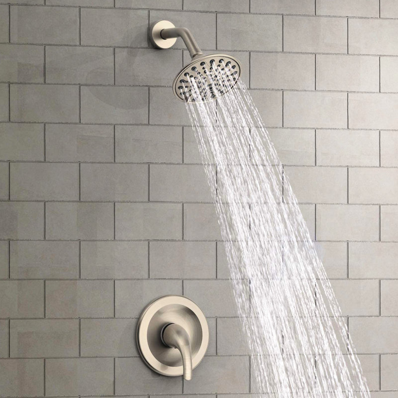 Single Handle 6 - Spray Pattern Wall Mounted Shower , With Included Rough In Valve And Adjustable Pattern, 360 Joint On Head, Holes For Maintenance, Brushed Nickel Plastic Finish Functions Faucet