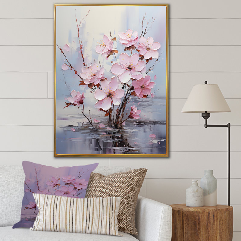 Rose et gris fleur de fuchsia Serenity Blooms 1 - Fuschia, art mural, Cadre flottant doré, H 32 po x l 16 po x P 1 po
