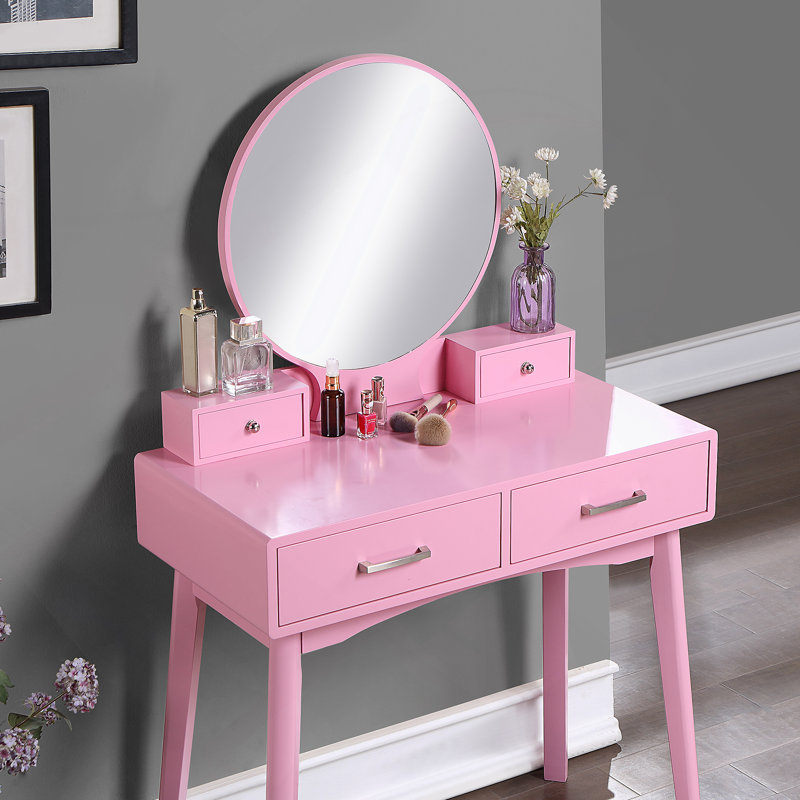 Contemporary Wood Vanity And Stool Set, Pink
