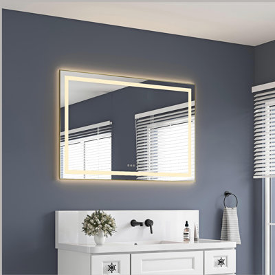 Miroir de salle de bain 24 po x 32 po à DEL avec façade et rétroéclairage, miroir de meuble-lavabo mural avec cadre en aluminium, antibuée, mémoire, 3 couleurs, gradation continue