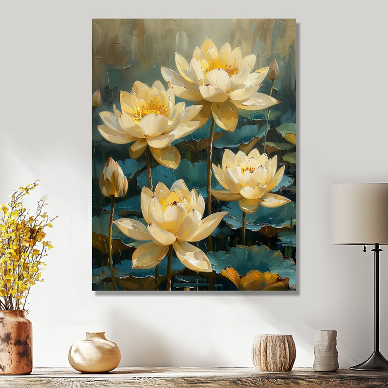 Blanc blanc vert jardin de lotus III - lotus d'art mural de salon, Sans cadre, métal, H 24 po x l 32 po