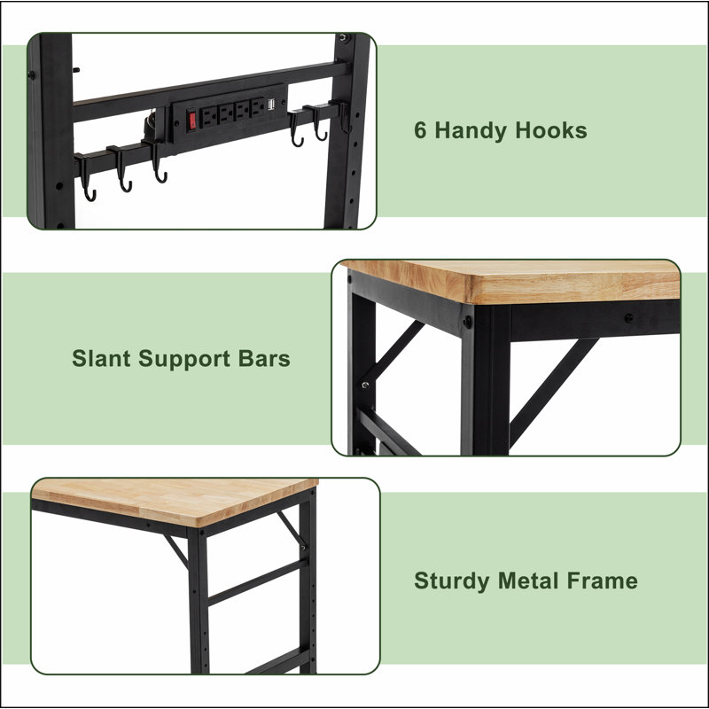 Établi réglable de 60 po pour le garage, poste de travail robuste en bois d'hévéa avec prises de courant et roues, table de travail en bois franc d'une capacité de charge de 2000 lb pour atelier, garage, bureau, maison