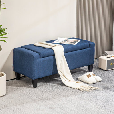 Banc de rangement bleu foncé, revêtement en lin recouvert de boutons, banc pratique et salon pour le salon en bleu, intérieur fonctionnel et compartiment de chambre à coucher