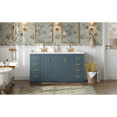 Ensemble de meuble-lavabo 60 po avec lavabo en céramique (séparé), armoire de rangement en bois massif, ensemble de meuble-lavabo autoportant avec tiroirs et portes à fermeture douce