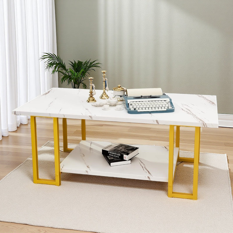 Marble Coffee Table, Faux Marble Top Rectangular Coffee Table With Metal Frame, 2 Tier Living Room Table For Living Room, Office, Balcony, 40 Inch