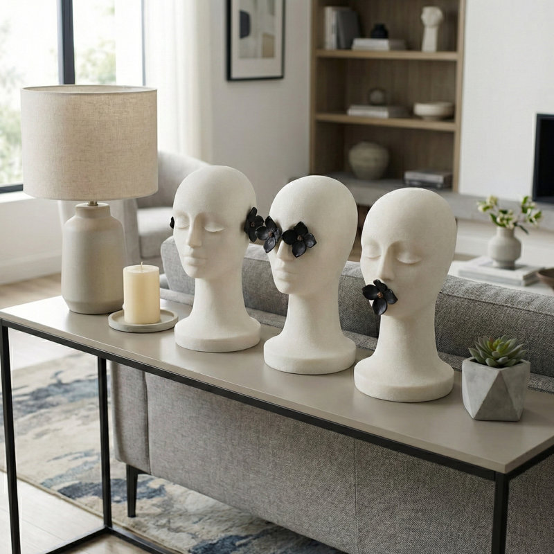 Contemporary Abstract 3-Heads Resin Sculpture Figurines for Home Decor - Decorative Statue Accent for Living Room Decoration - Set of 3, 16", Black & White