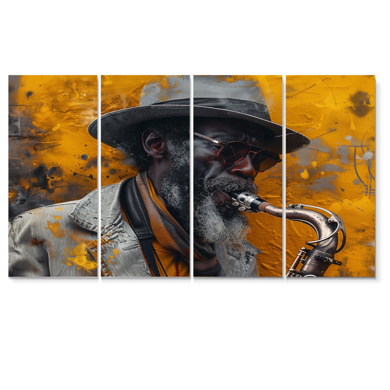 Gris, jaune, musique, Harlem Blues, saxophone I - ensemble d'art mural musicien, H 32 po x l 64 po