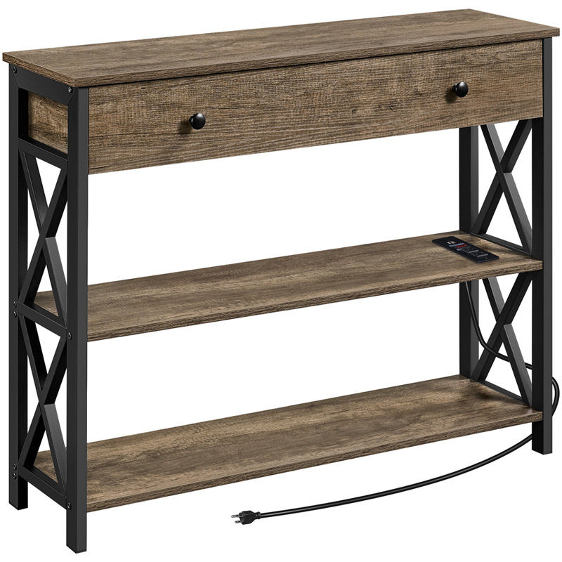 Taupe Wood and Black Metal Console Table with Storage and USB Ports