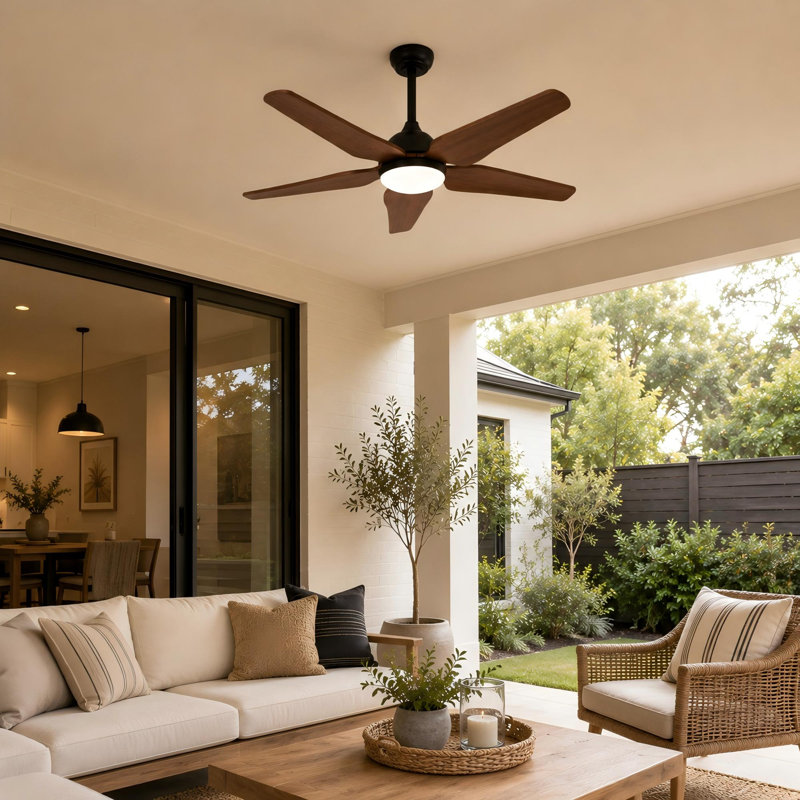 Ventilateur de plafond moderne en bois massif 52 "avec lumière, Noir mat, Bois naturel