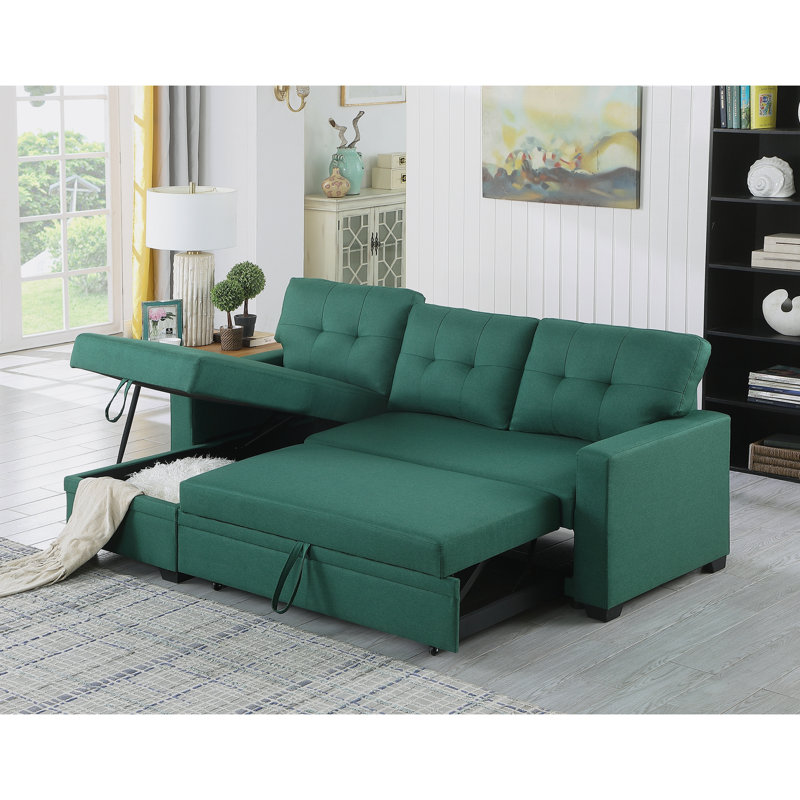 81.9'' Square Arm Sofa Bed, Green Cotton Blend
