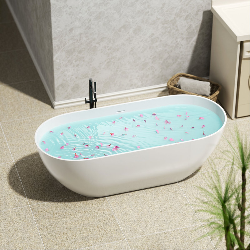 Baignoire autoportante de 63 po à surface solide, baignoire de trempage autoportante en résine d'ingénierie de luxe avec trop-plein et bonde escamotable pour salle de bain contemporaine, blanc mat GF-23S03-63MW