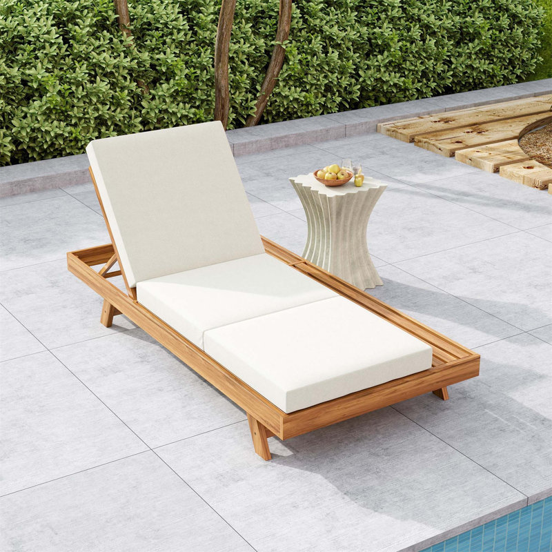 Lounge Chaise Set, Space Available On One Side,Acacia Solid Wood With Lounge Cushion (Cream & Triple Fold) - Matching Dark Grey Version Available