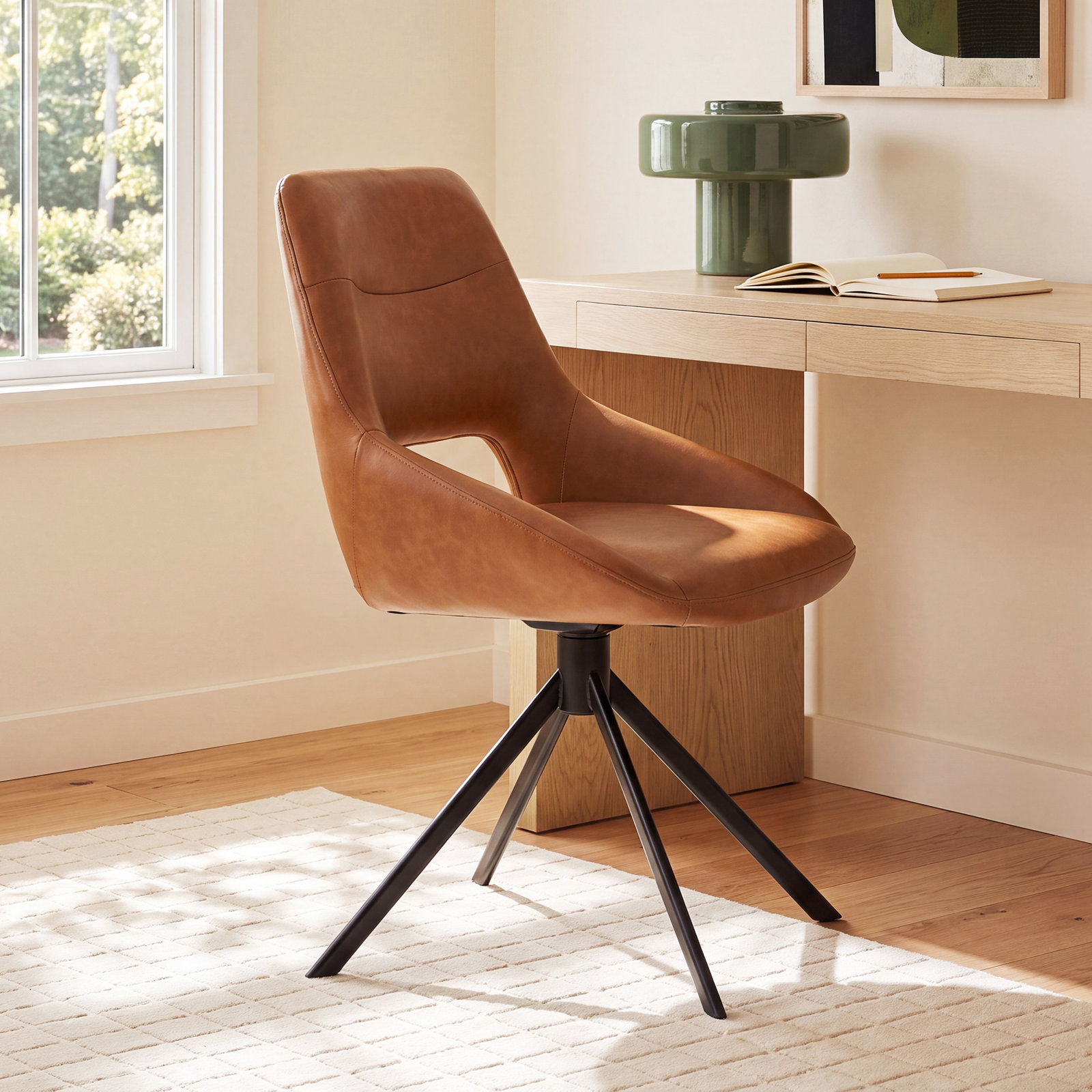 Jakavian Office Chair with Lumbar Support, Brown Faux Leather