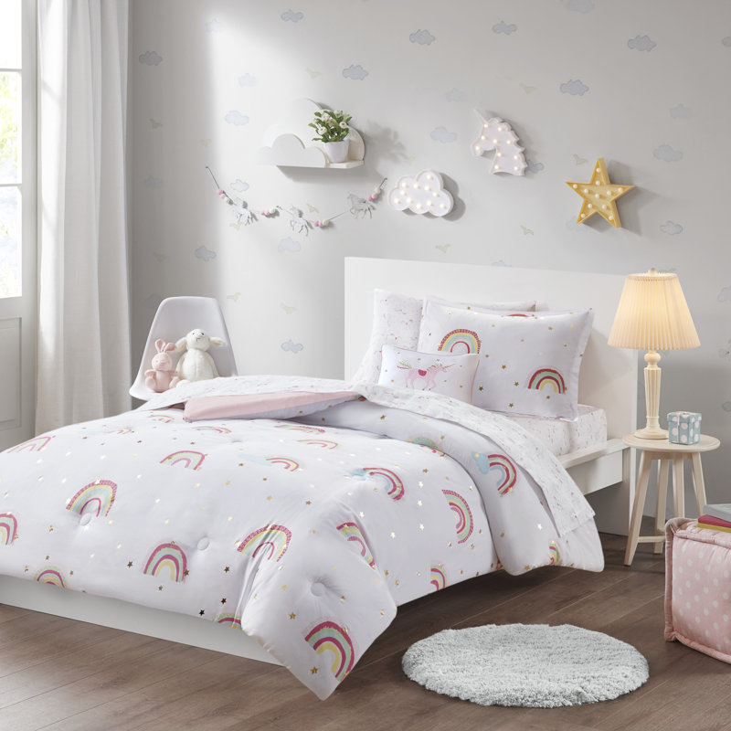 Alicia Rainbow and Metallic Stars Comforter Set with Bed Sheets, Full Comforter + 7 Additional Pieces, White