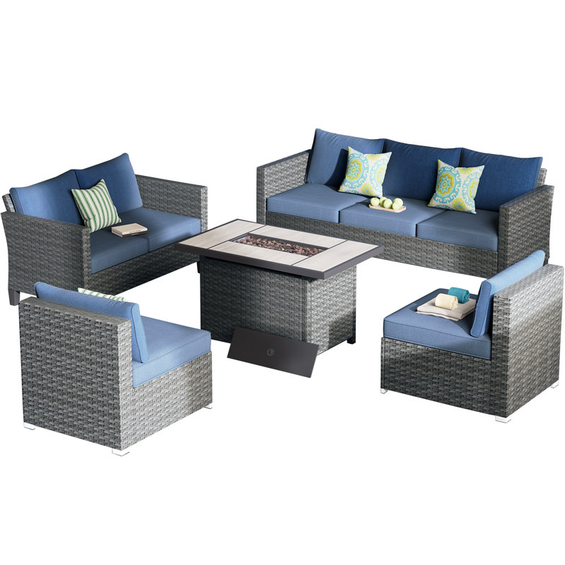 Wicker 7 - Person Patio Conversation Set with Cushions, Blue, Yes