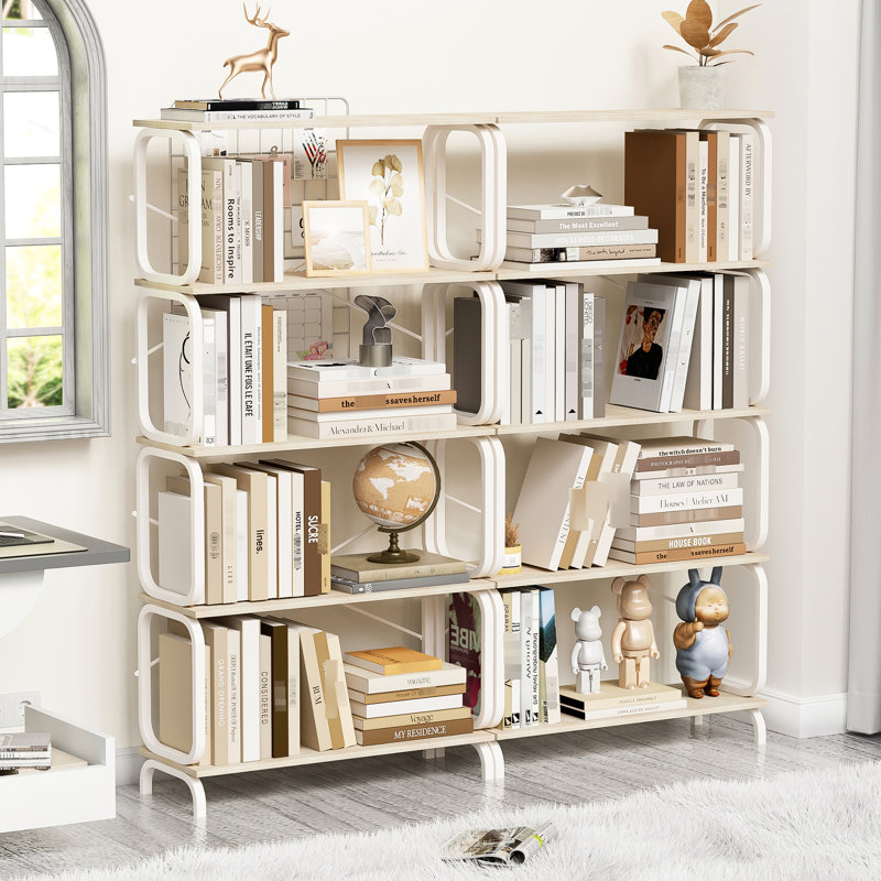 5 Tier Book Shelf In Industrial Vintage Design, White Metal Frame, Board For Living Room And Office Organization Display Classic Shelf, Frame Strong