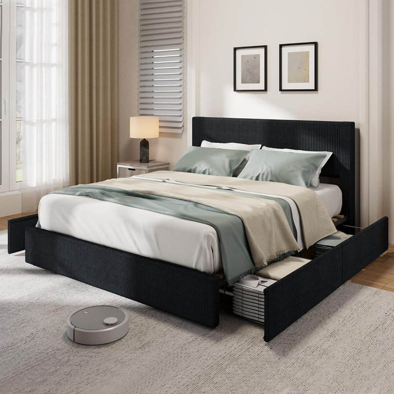 Full Size Upholstered Platform Bed Frame with Tall Tufted Wingback Headboard, Velvet Fabric, 4 Storage Drawers, Wooden Slats Support, No Box Spring Needed, Black