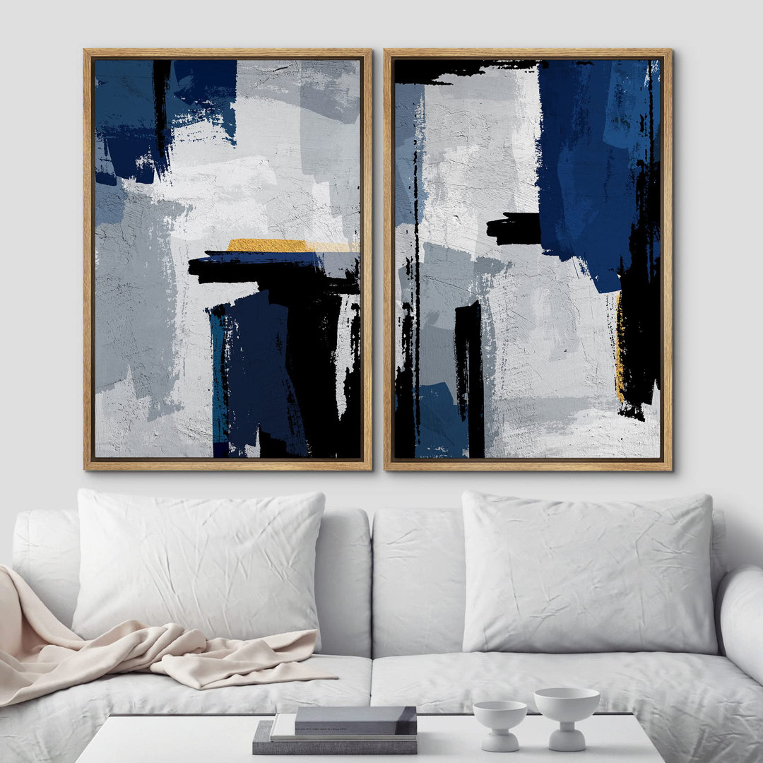 Abstract Landscape " Geometric Blue Gray Grunge Paint Strokes Abstract Shapes Modern Art Wall Decor Artwork Zen " 2 - Pieces wall26 Frame 