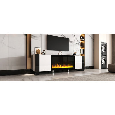 Meuble télé 34,2 "avec foyer électrique blanc brillant pour télé 78", minimaliste moderne avec 2 armoires de rangement, console multimédia moderne, minimaliste et espace