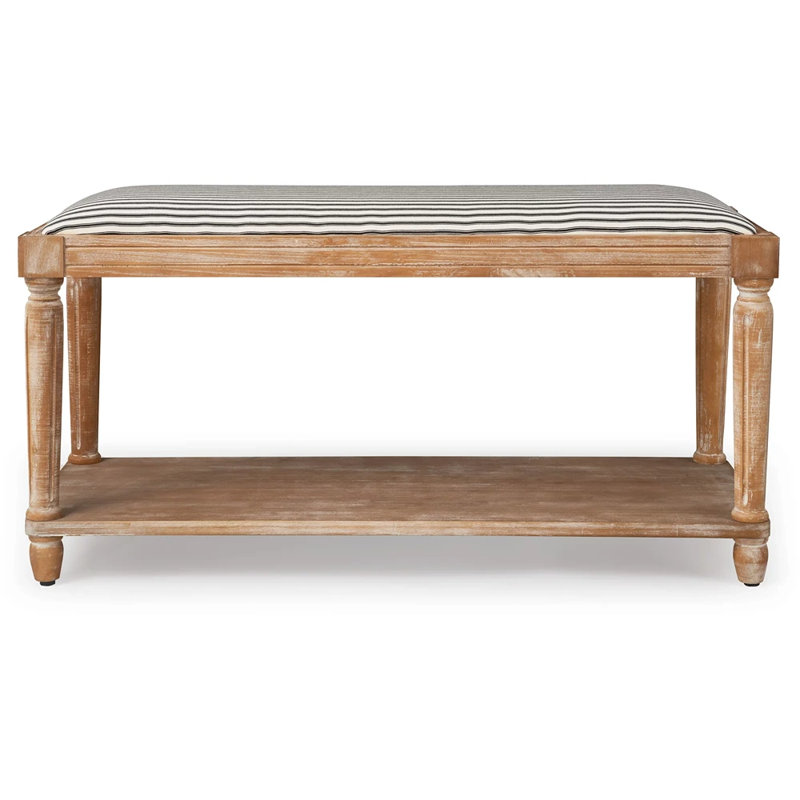 Distressed Natural Cottage-Style Upholstered Bench with Storage