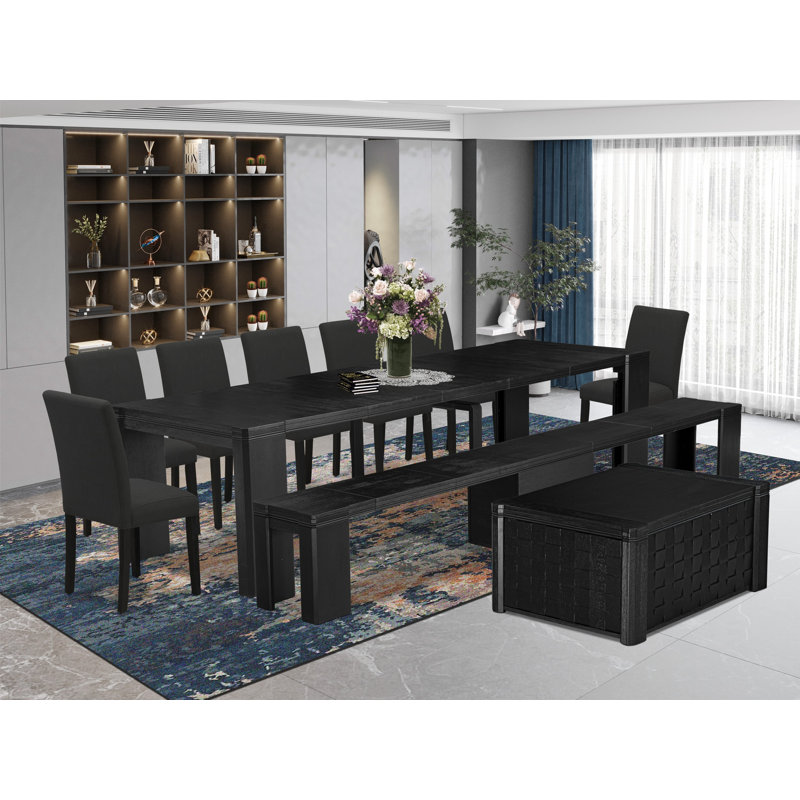 Ensemble de 10 tables de cuisine modernes comprenant une table de salle à manger, une table basse, un banc en bois et 7 chaises en tissu de lin noir, noir brossé