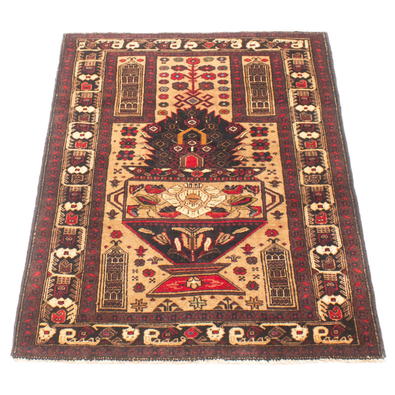 Tapis unique en laine noué à la main beige de 3 pi 1 po x 4 pi 9 po Teimani