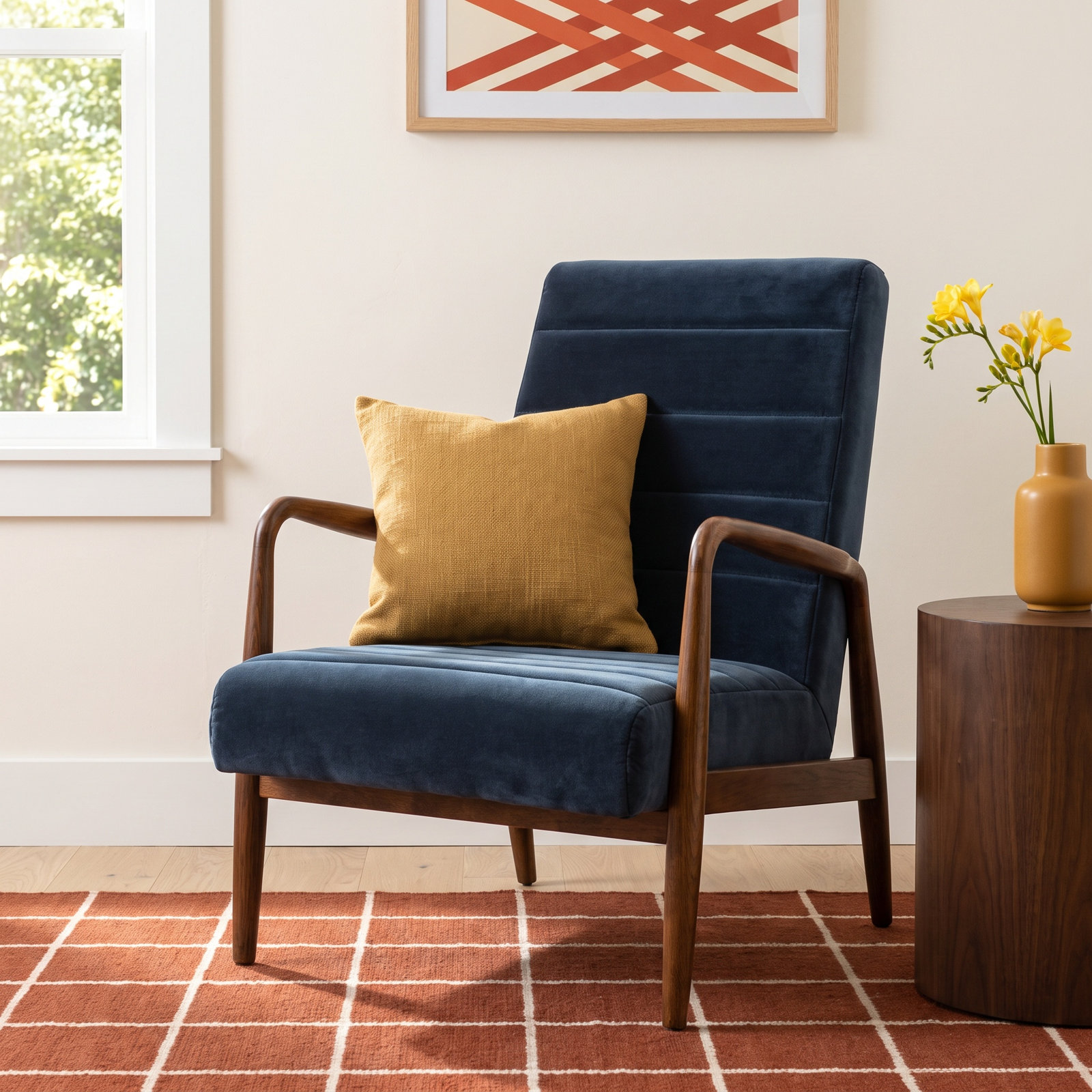 Barrow Oak Velvet Armchair, Navy Velvet