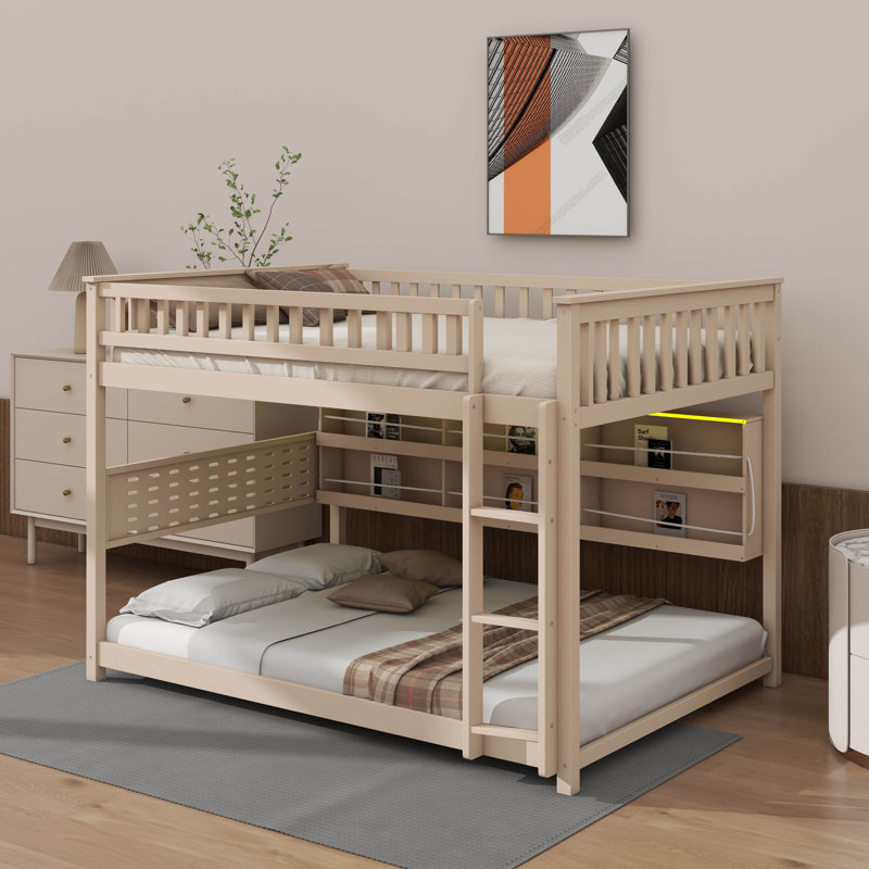 Lit superposé double au-dessus de double avec tablettes intégrées, lumières à changement de couleur et panneau perforé, Beige
