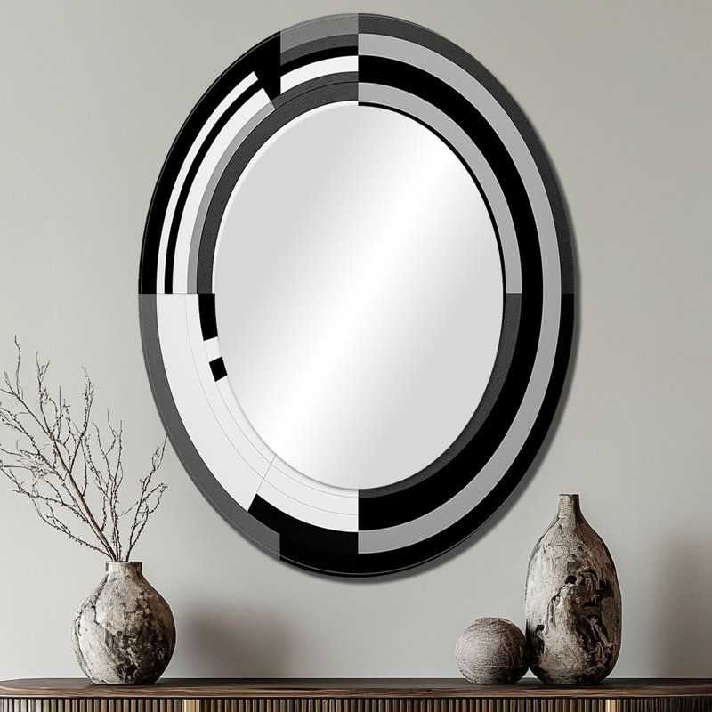 Bauhaus Black And White Circular Minimalism III - Abstract Oval Decorative Mirror On Metal, 40" x 30"