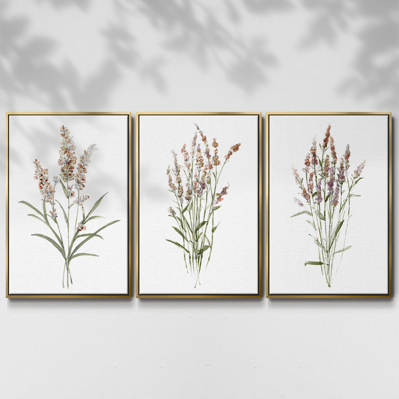 Ensemble de 3 pièces encadrées sur toile "Dicat Botanical I", Cadre flottant doré, H 40 po x l 78 po