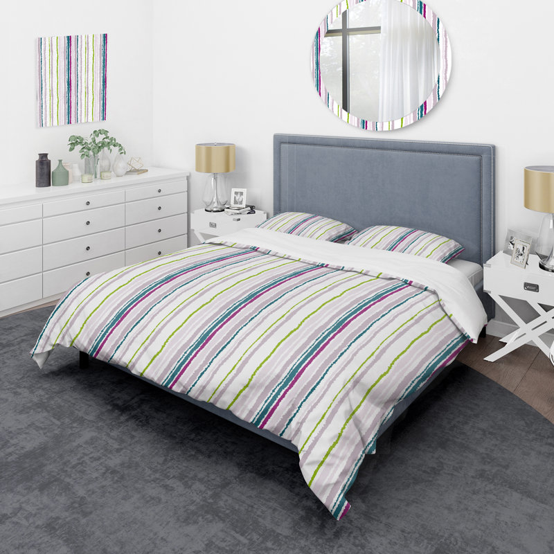 White and Green Striped Pattern - Abstract Duvet Cover Set - Microfiber Polyester