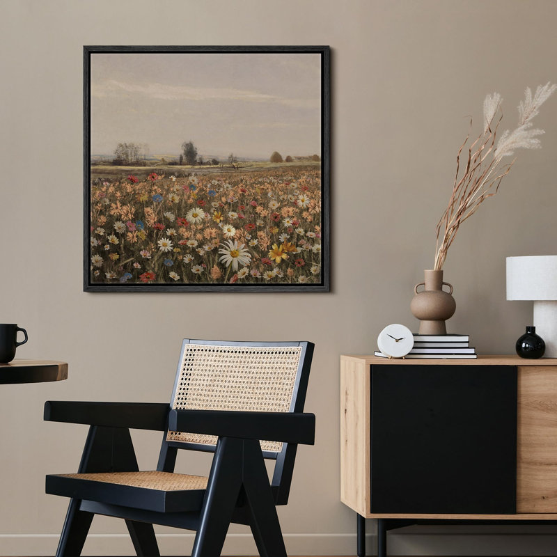 "Pré champs fleuris rétro avec art panoramique moderne", H 16 po x l 16 po, Noir
